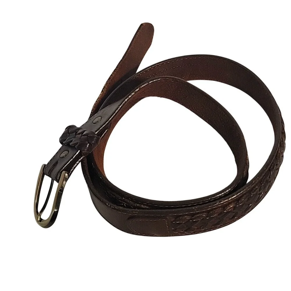 VINTAGE Leather Belt‎ Strap Embossing Western Scrollwork Strap Brown Size M